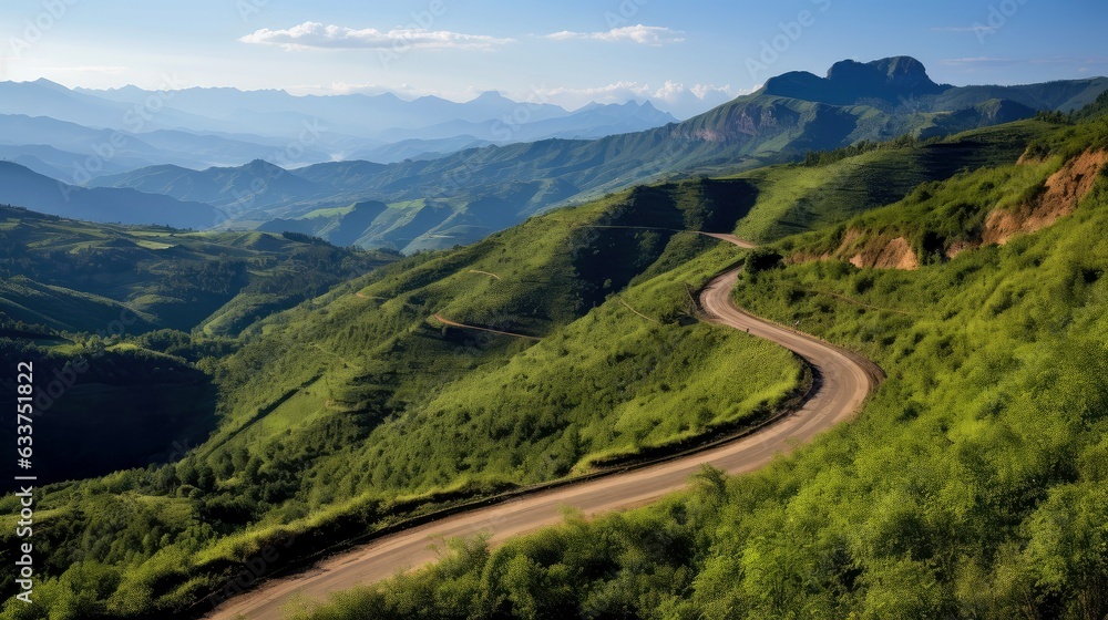 Mountain road. Landscape with rocks, sunny sky with clouds and beautiful asphalt road in the evening in summer. Highway in mountains, Generative AI illustration Mountain road. Landscape with rocks, sunny sky with clouds and beautiful asphalt road in the evening in summer. Highway in mountains, Generative AI illustration