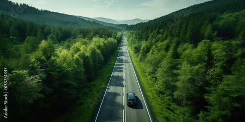 Bird eye top view of single car driving on long highway road from green forest. 