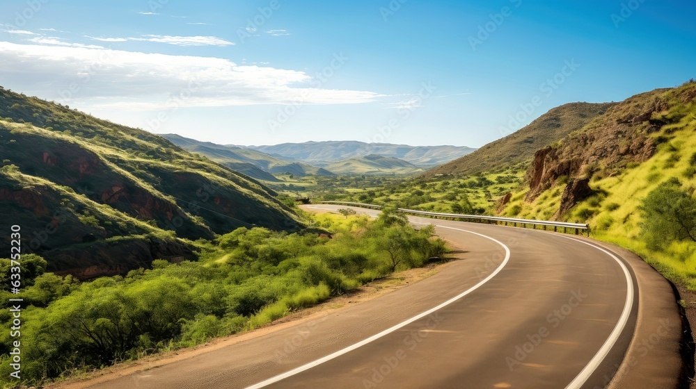 Mountain road. Landscape with rocks, sunny sky with clouds and beautiful asphalt road in the evening in summer. Highway in mountains, Generative AI illustration Mountain road. Landscape with rocks, sunny sky with clouds and beautiful asphalt road in the evening in summer. Highway in mountains, Generative AI illustration