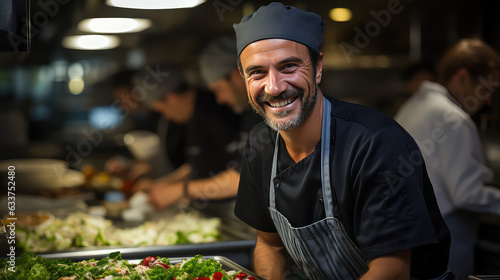 Chef working diligently in a bustling hotel kitchen. Chef wearing a traditional white chef's uniform and cap. Wallpaper of catering and banquet service.
