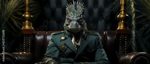 Fotografie, Obraz A humanoid lizard wearing a bright green and green military uniform