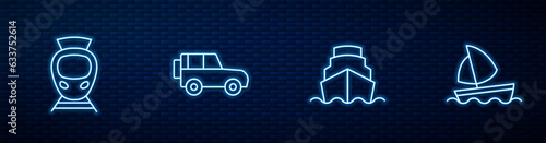 Set line Cruise ship, Tram and railway, Off road car and Yacht sailboat. Glowing neon icon on brick wall. Vector