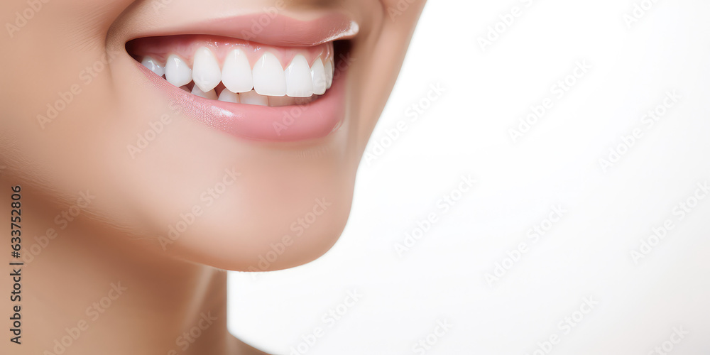 Fototapeta premium Close-up of woman's smile with white bleached teeth isolated on flat light background with copy space. Professional teeth whitening. 