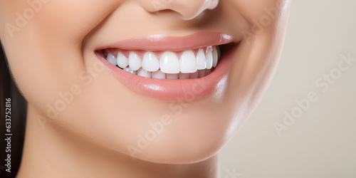 Close-up of woman's smile with white bleached teeth isolated on flat light background with copy space. Professional teeth whitening. 