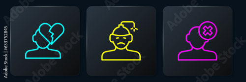 Set line Broken heart or divorce, Solution problem in psychology and Concussion, headache. Black square button. Vector