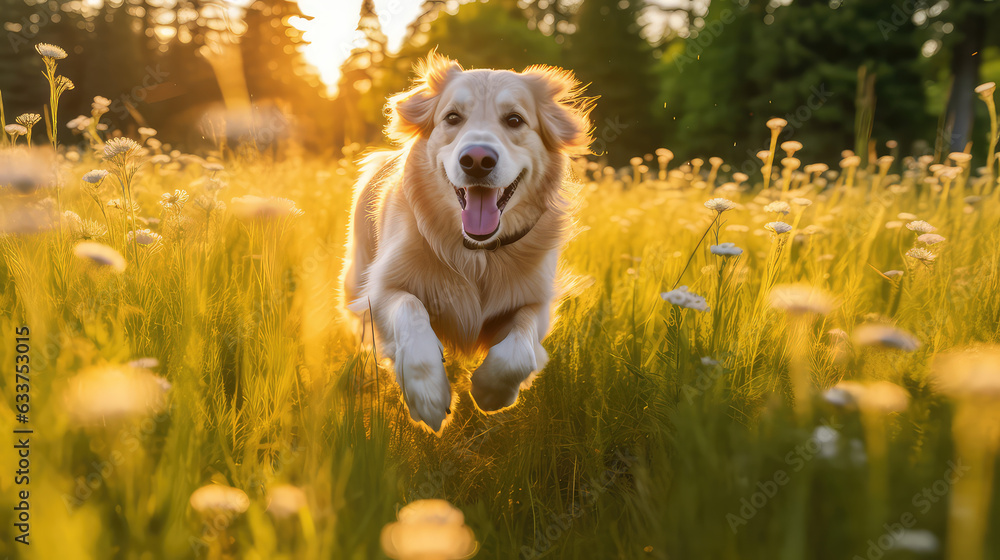 Playful and energetic Golden Retriever bounding through a summer sunny ...