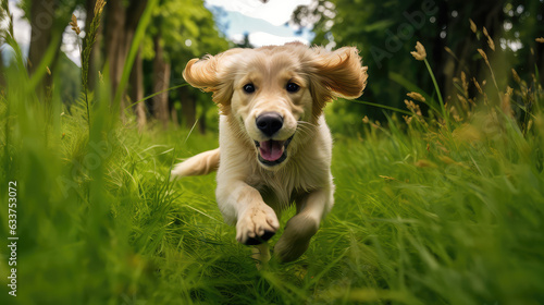 Playful and energetic Golden Retriever bounding through a summer sunny field of tall green grass. Creative wallpaper for the dog shelter of a charity organization.