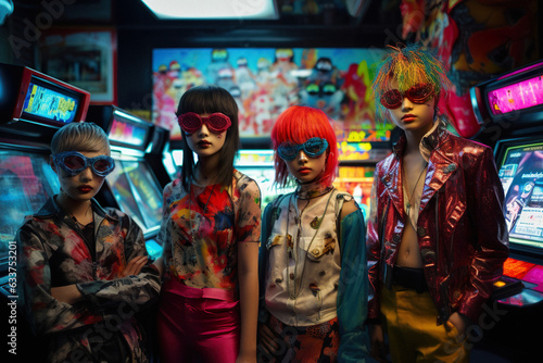 Futuristic cyberpunk arcade with machines where are young people, teenagers in eccentric costumes, the youth of the technological future know how to have fun.