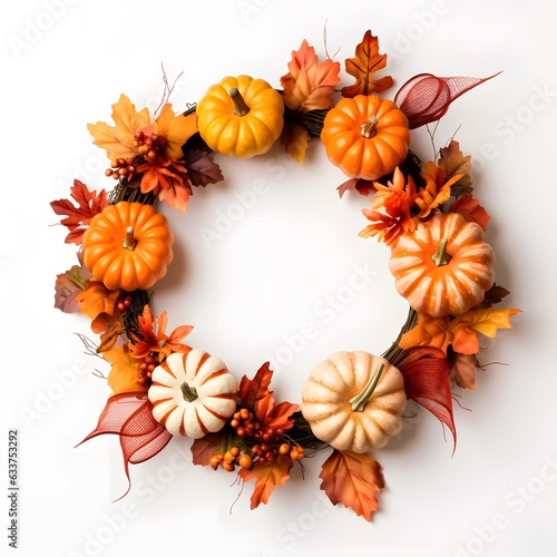 Decorative autumn harvest wreath of pumpkins and leaves in orange and yellow colors on white background top view.