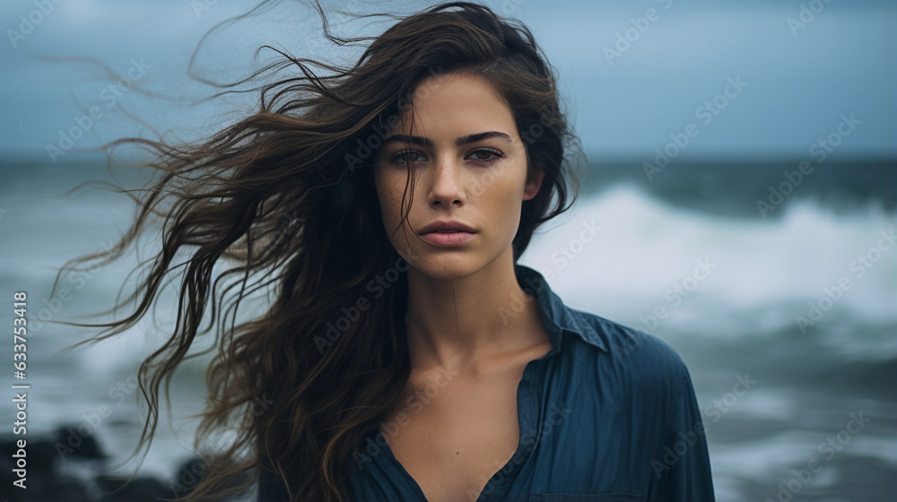 A Girl with Flowing Hair Enchants the Sea's Edge A Girl with Flowing Hair Enchants the Sea's Edge