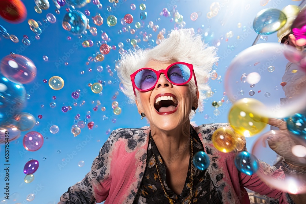 Playful senior woman in stylish clothes revels in bubbles. Concept of vibrant happiness and fun. Playful senior woman in stylish clothes revels in bubbles. Concept of vibrant happiness and fun.
