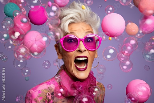 Playful senior lady, stylishly adorned, surrounded by whimsical bubbles. Concept of joyful fashion and celebration.