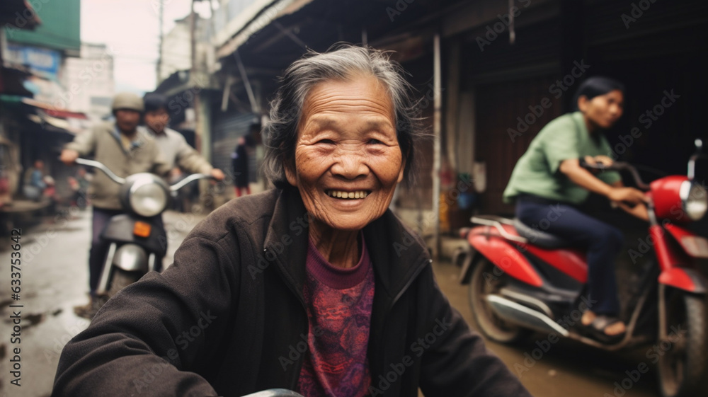 an old woman in old age sits on a scooter and drives full of fun and joy without a helmet and a thick autumn jacket through the narrow side streets of a big city, enjoying a simple life an old woman in old age sits on a scooter and drives full of fun and joy without a helmet and a thick autumn jacket through the narrow side streets of a big city, enjoying a simple life