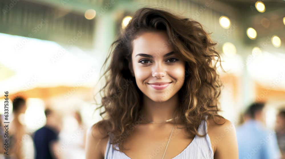 petite slim young adult caucasian or american multiracial woman standing in shopping center or airport or train station or bus station, smiling joyfully, bright day, people in background