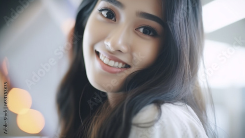 Wallpaper Mural pretty slim young adult asian or american multiracial woman standing with business suit and handbag at airport or train station or bus station, smiling joyfully, bright day, people in background Torontodigital.ca