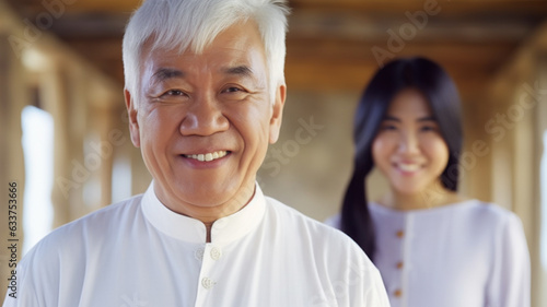 an old man with gray hair and an elegant white shirt is the father of the young asian woman as a daughter or works as a hotel manager with a nice receptionist or in a restaurant or hotel