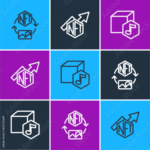 Set line NFT Digital crypto art, and growth bar chart icon. Vector
