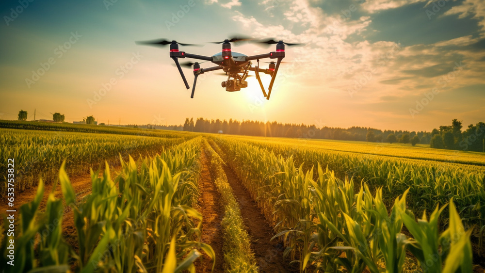 A drone flying over an agricultural field, collecting data for AI analysis.