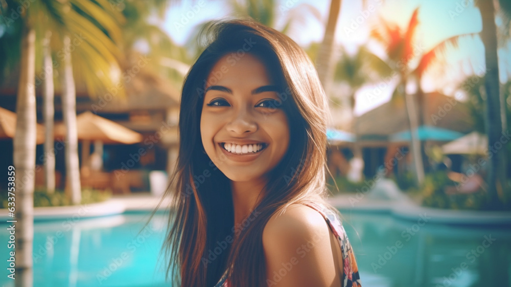 young adult woman, multiracial or asian hispanic, long hair, wearing bikini, standing at poolside of swimming pool, tropical hotel with palm trees, looking forward and smiling, fictional location