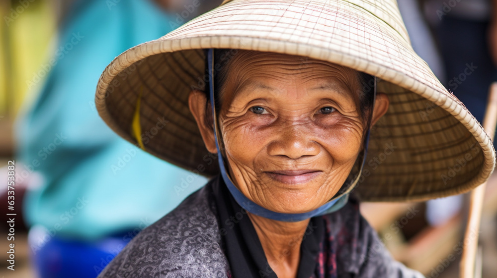 old asian or indonesian woman with sun hat, wrinkles on her face, tanned skin color, happy and content, serenity, sitting on the floor at home, fictional place