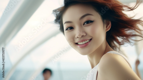 Free Download young adult asian or chinese or indonesian woman, light white skin tone, medium length hair style, dyed red hair, stands indoor in large building like office or shopping mall, fictional location - GFXLoad