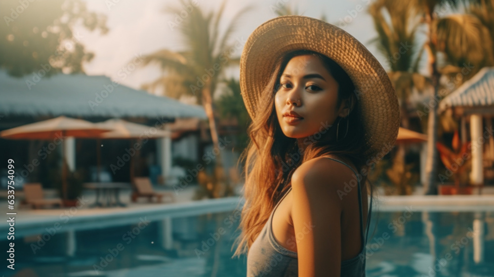 tanned young adult woman, attractive, asian 20s, wearing sun hat in tropical with palm trees at hotel swimming pool and luxury island vacation, 20s, fictional location