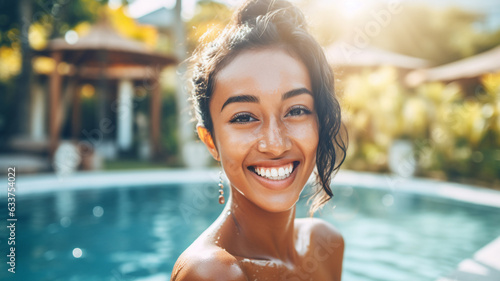 Adult multiracial multi ethnic woman 30s, swims in swimming pool, tropical vacation, slim attractive, tanned skin tone multiracial multi ethnic, smiling happy, fictional location