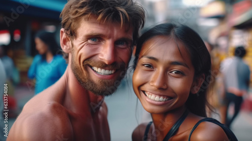 a mature adult man 40s meets his love abroad, younger girlfriend, on tropical vacation, emigrated or vacation, caucasian and tanned skin color asian or indonesian, fictional location