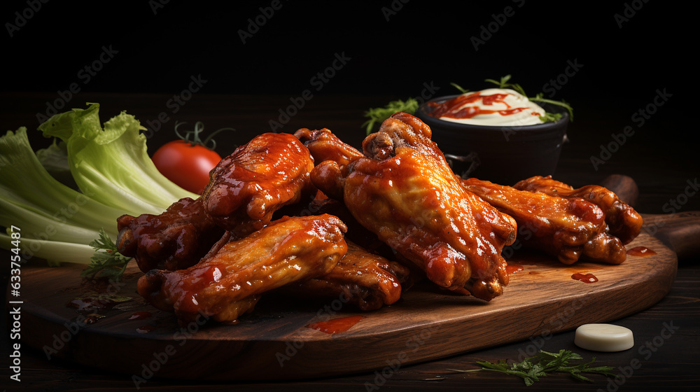 Grilled sticky chicken wings on plate over dark background. Buffalo chicken wings with sauce. Close up view Grilled sticky chicken wings on plate over dark background. Buffalo chicken wings with sauce. Close up view