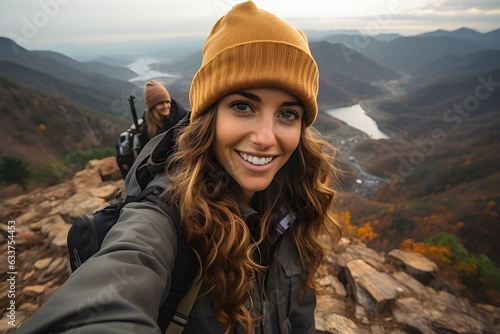 Woman taking a selfie at mountain viewpoint while mountaineering