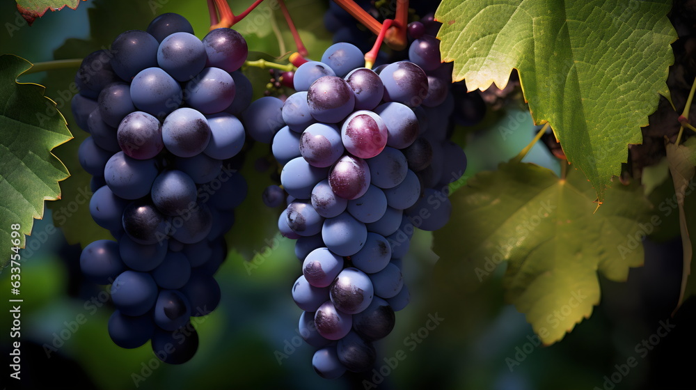 black grape bunches on vine in vineyard sunshine 