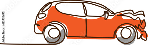 Car damaged front end. Continuous one line drawing.