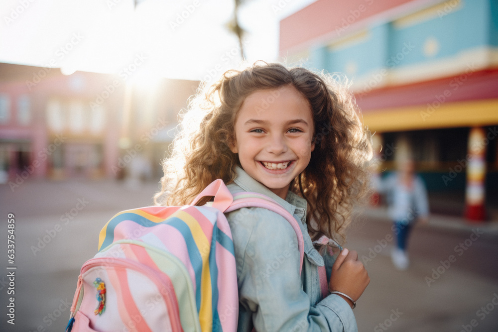 A young cute school girl, ready for the first day of school, learning and education. Put backpack on, back to school, bell rings for the start of class.