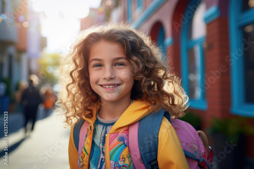 Wallpaper Mural A young cute school girl, ready for the first day of school, learning and education. Put backpack on, back to school, bell rings for the start of class. Torontodigital.ca