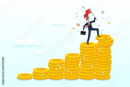 Success businessman holding winning flag on top of money coins stack, financial success, reaching financial freedom, money achievement or earning profit or savings or investment goal (Vector)