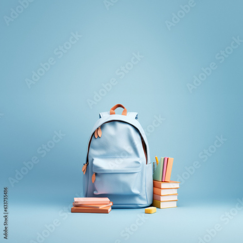 Pastel blue school creative concept, backpack for books and school supplies. Pack your books, the school bell rings, class begins.