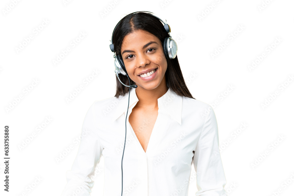 Telemarketer African American woman working with a headset over isolated chroma key background laughing Telemarketer African American woman working with a headset over isolated chroma key background laughing