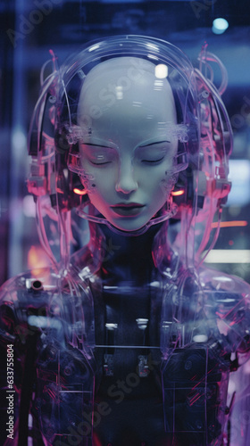 A cyber girl in a robot suit on the streets of a futuristic city. Virtual reality becomes reality and artificial intelligence rules humanity.