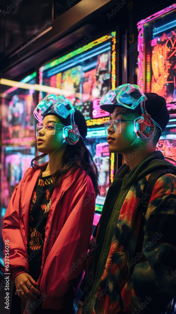 Futuristic cyberpunk arcade with machines where are young people, teenagers in eccentric costumes, the youth of the technological future know how to have fun.