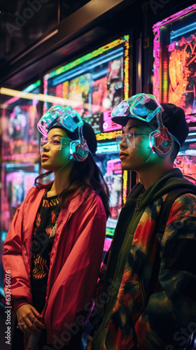 Futuristic cyberpunk arcade with machines where are young people, teenagers in eccentric costumes, the youth of the technological future know how to have fun.