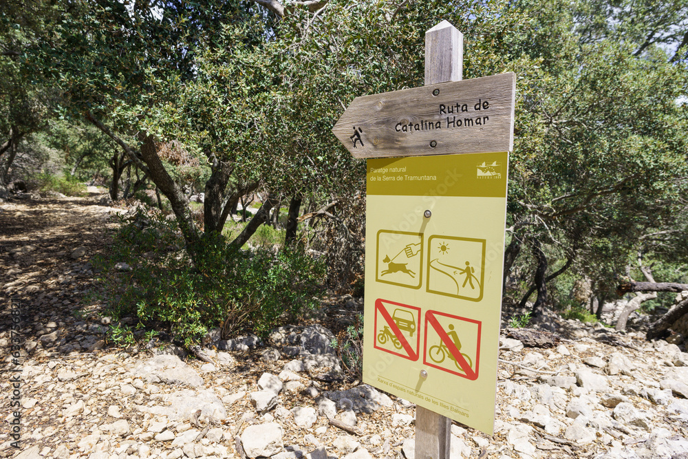 sign prohibiting bicycles, Camí de s'Arxiduc route, Valldemossa, Majorca, Balearic Islands, Spain