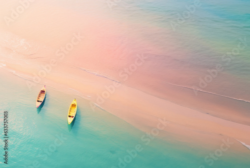 Flat lay of a beautiful exotic sea coast, two pastel boats in the water Fototapet