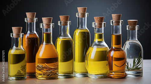 different bottles of olive oil on white background