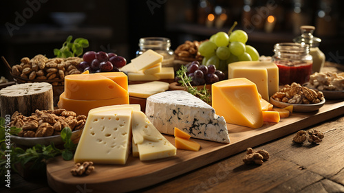 various cheeses and cheese on a board.