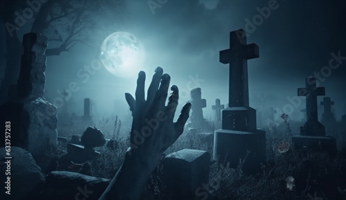 horror zombie halloween creepy night hand monster fear cemetery moon. Generative AI.