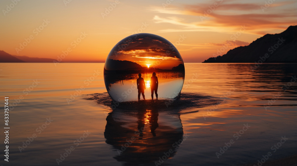 Enchanting Glass Globe with Couple Statue Swimming in Tranquil Seascape Enchanting Glass Globe with Couple Statue Swimming in Tranquil Seascape