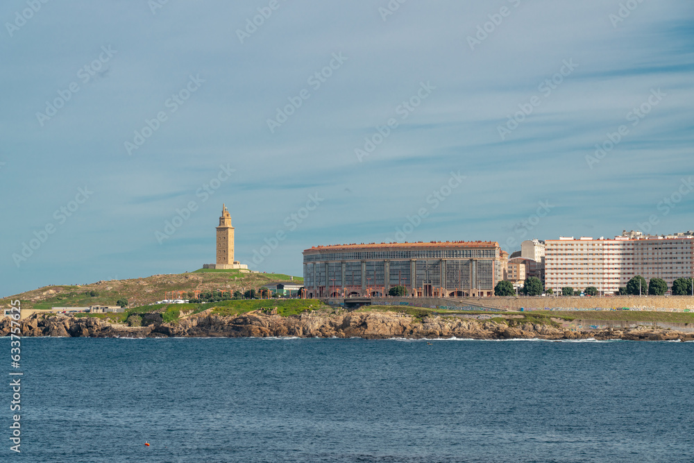 View of A Coruna city. View of Torre de Hércules Lighthouse, Rosa dos Ventos and Aquarium of Coruna. Travel destination in northwest of Spain, Galicia