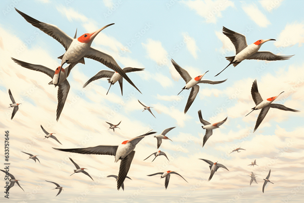 Flock of African skimmers - obrazy, fototapety, plakaty 