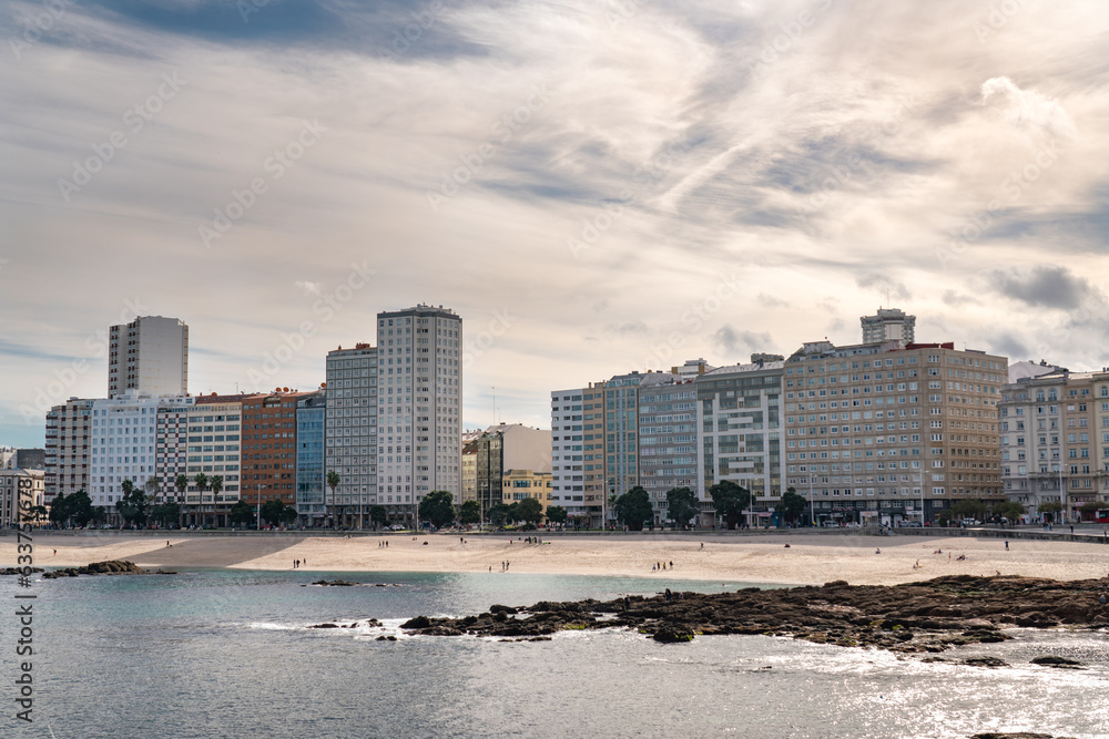 Beautiful A Coruna city. Situated in Galicia, Northwest of Spain. Travel destination. Panoramic view of the city. View of Riazor Beach and Orzán beach. Travel destination in Galicia, North of Spain. Beautiful A Coruna city. Situated in Galicia, Northwest of Spain. Travel destination. Panoramic view of the city. View of Riazor Beach and Orzán beach. Travel destination in Galicia, North of Spain.