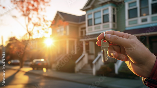 hand holding apartment keys in street with 